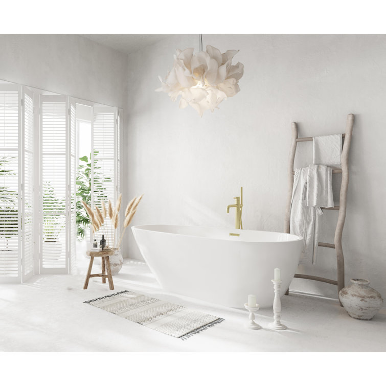67 Inch Glossy White Acrylic Freestanding Bathtub with Brushed Gold Trim