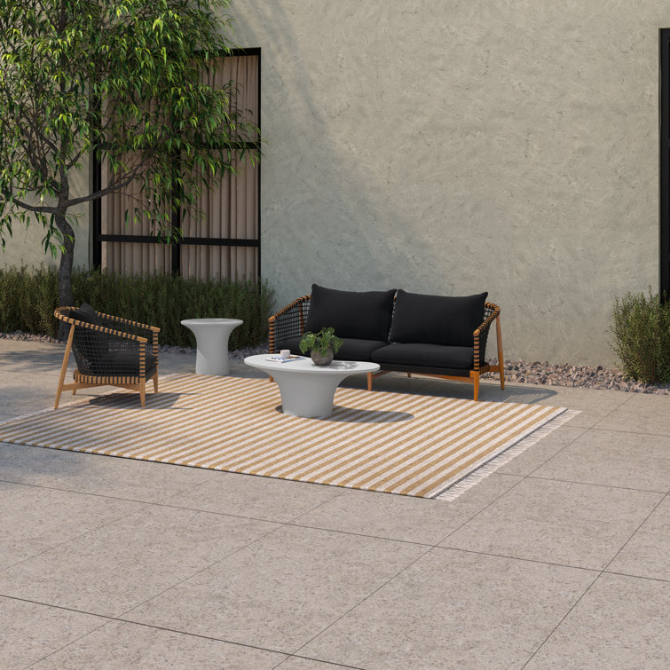 Brenisha Teak Wood Outdoor Sofa with Black Cushions