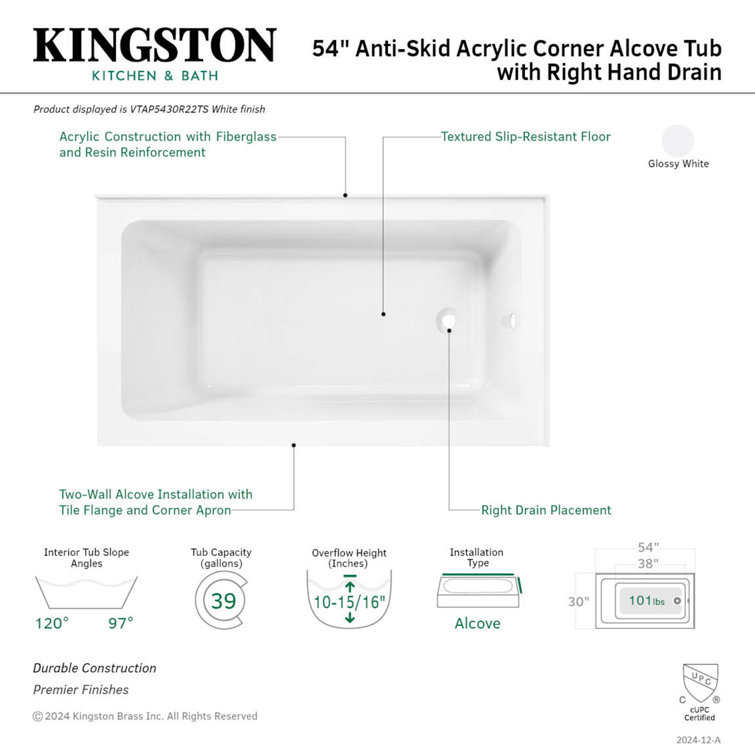 Aqua Eden 54-Inch White Acrylic Alcove Tub with Right Hand Drain