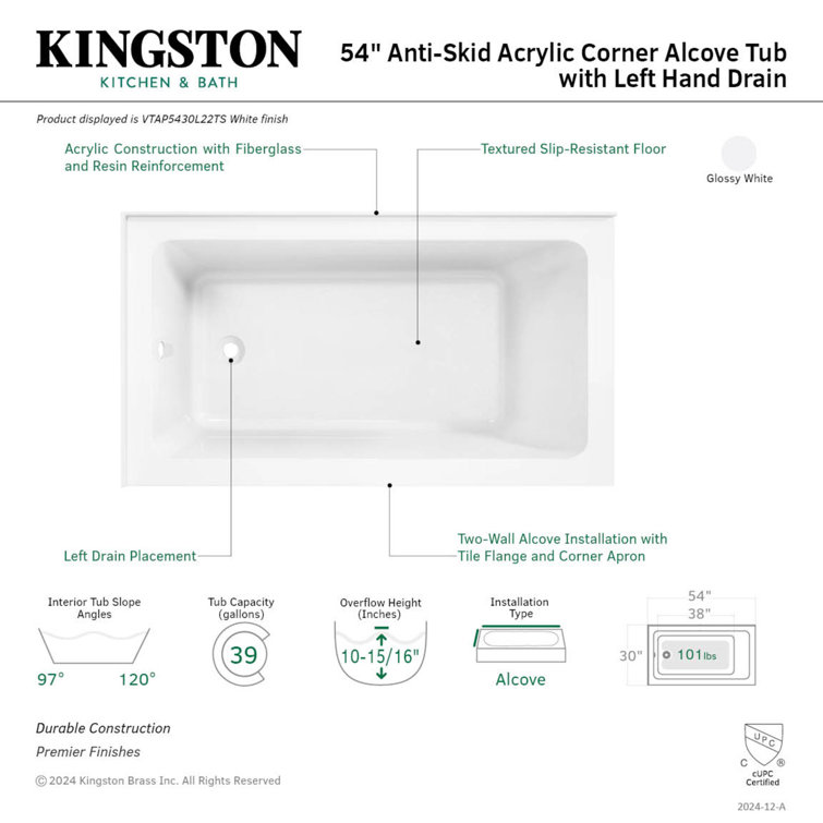 Aqua Eden 54-Inch White Acrylic Alcove Tub with Left Hand Drain