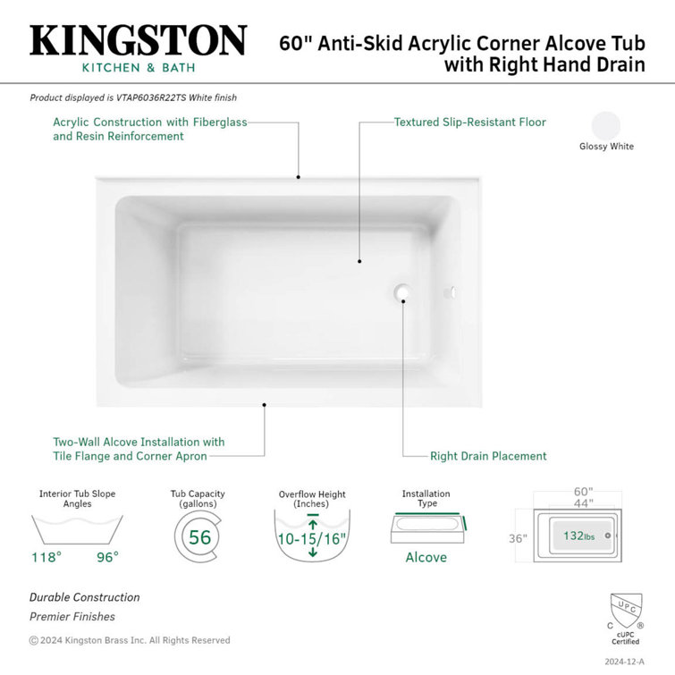 Oriel 60-Inch White Acrylic Corner Alcove Tub with Right Hand Drain