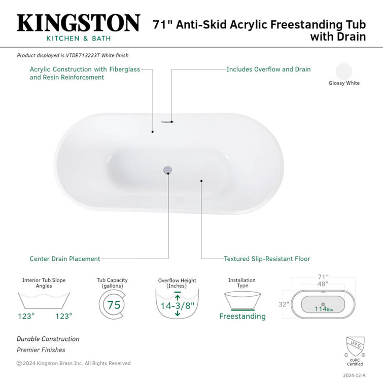 White Acrylic Oval Freestanding Clawfoot Tub, 71-Inch