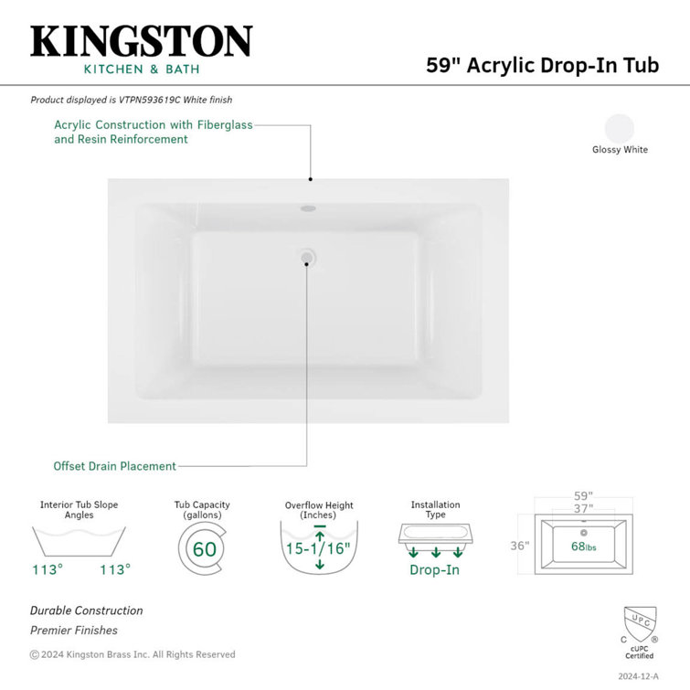 Glossy White Acrylic Drop-In Tub with Jets