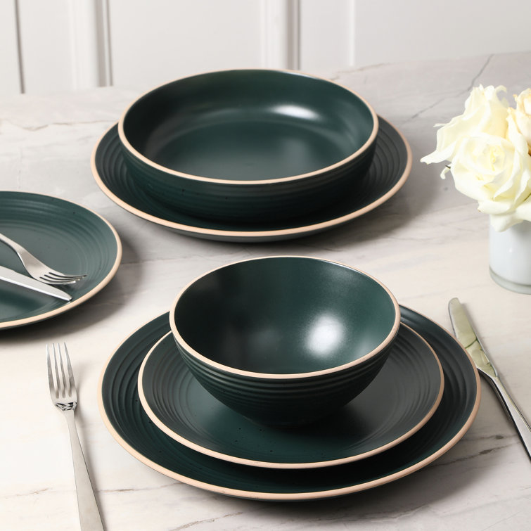 Dark Green and White Ceramic Dinnerware Set, Service for 4