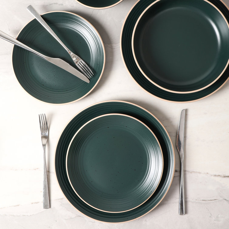 Dark Green and White Ceramic Dinnerware Set, Service for 4