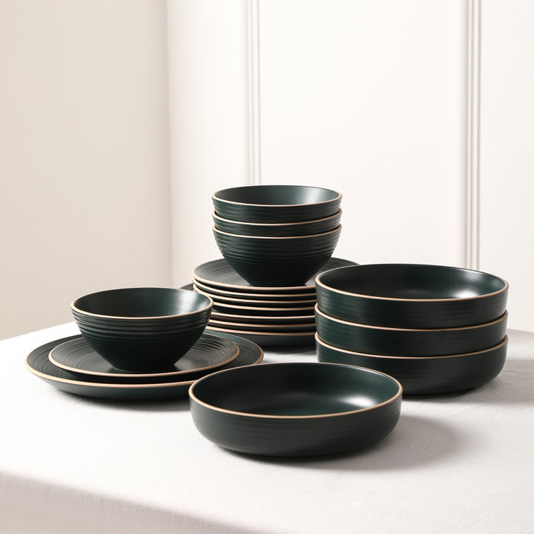 Dark Green and White Ceramic Dinnerware Set, Service for 4