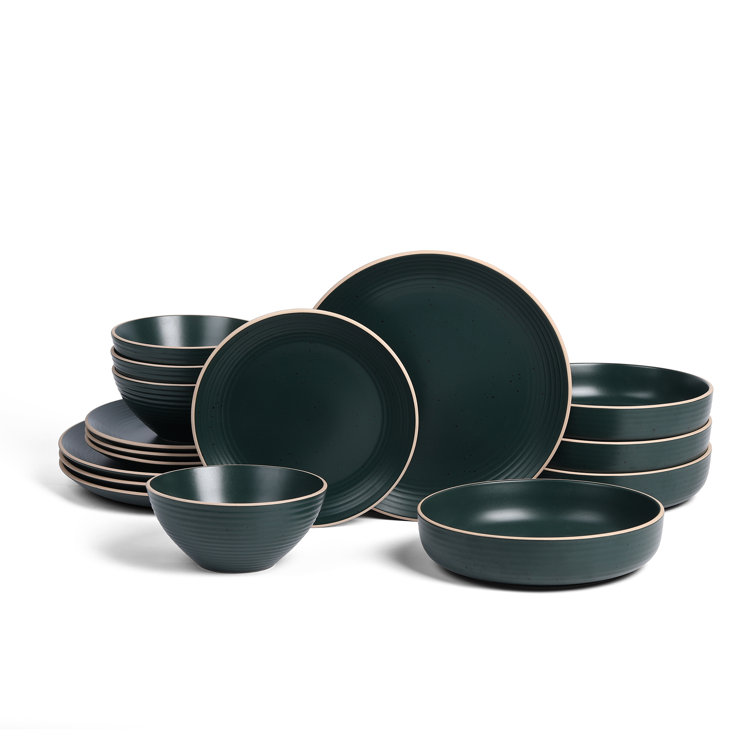 Dark Green and White Ceramic Dinnerware Set, Service for 4