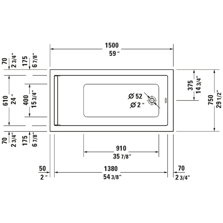 Starck 59" White Acrylic Drop-In Soaking Bathtub