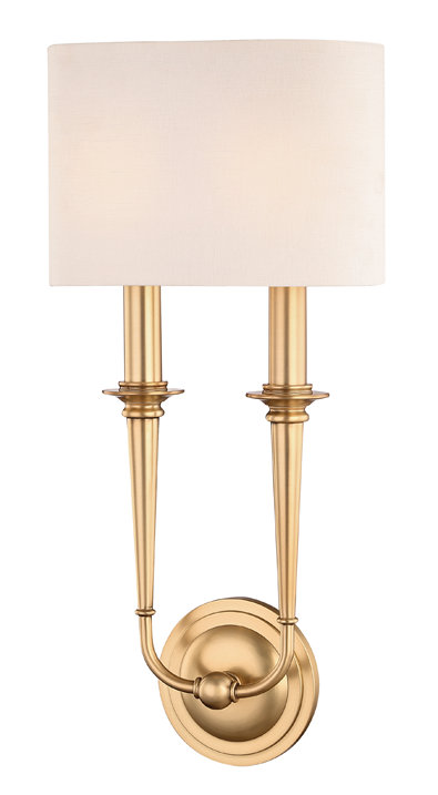 Aged Brass 2-Light Sconce with Off-White Linen Shade