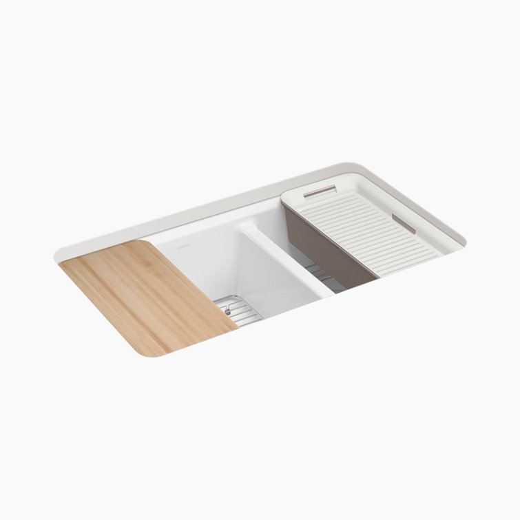 White Cast Iron Double Bowl Kitchen Sink with Drainboard