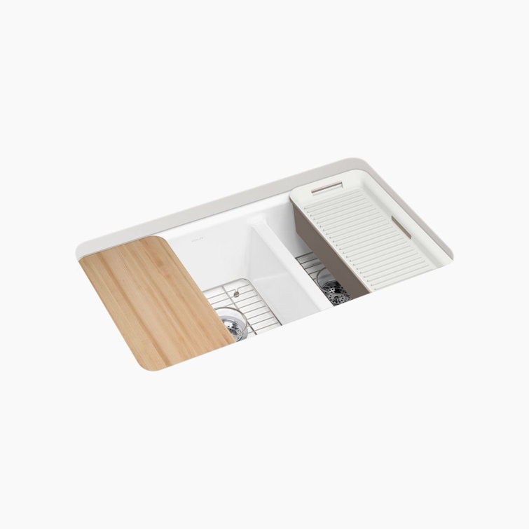 White Cast Iron Double Bowl Kitchen Sink with Drainboard