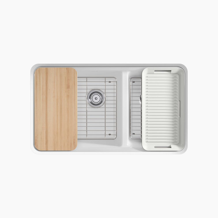 White Cast Iron Double Bowl Kitchen Sink with Drainboard