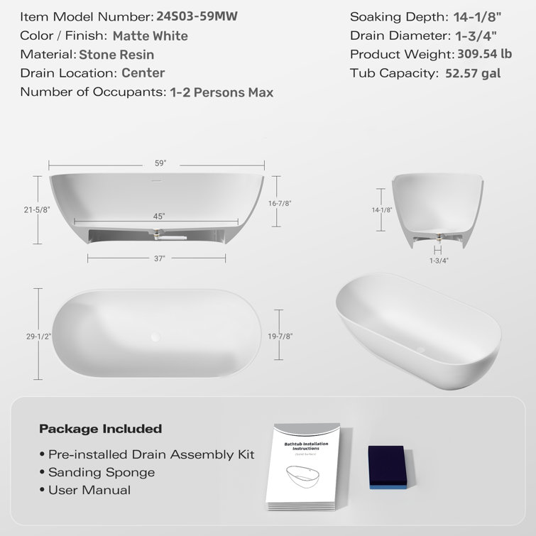 59" White Acrylic Freestanding Soaking Bathtub with Drain