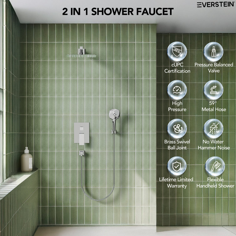 Chrome Square Wall Mounted Dual Shower System with Handheld