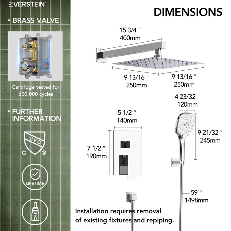 Chrome Square Wall Mounted Dual Shower System with Handheld