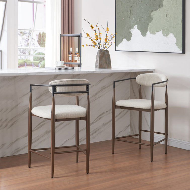 Beige and Black Upholstered Iron 25'' Counter Stools, Set of 2