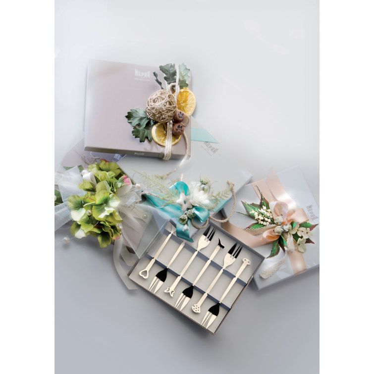 Evento Stainless Steel Cake Fork Set with Fun Designs, 6 Pieces