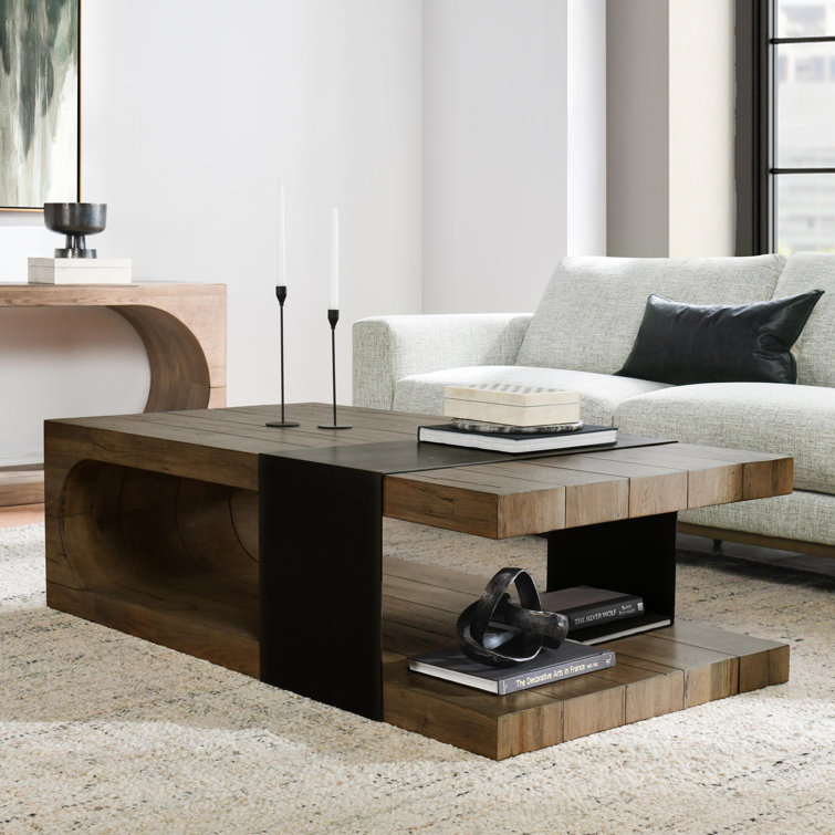 Danica 62" Natural Oak Wood Coffee Table with Black Iron Accent