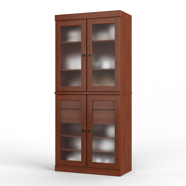 Mocha Solid Wood Pantry Cabinet with Frosted Glass Doors