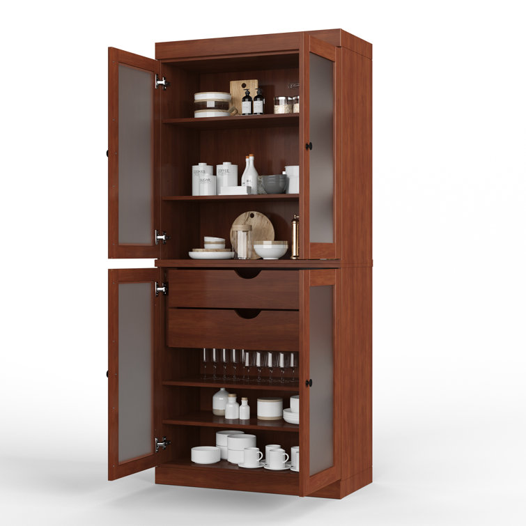 Mocha Solid Wood Pantry Cabinet with Frosted Glass Doors