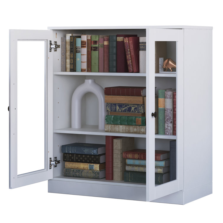 White Solid Pine Wood 3-Shelf Bookcase with Glass Doors