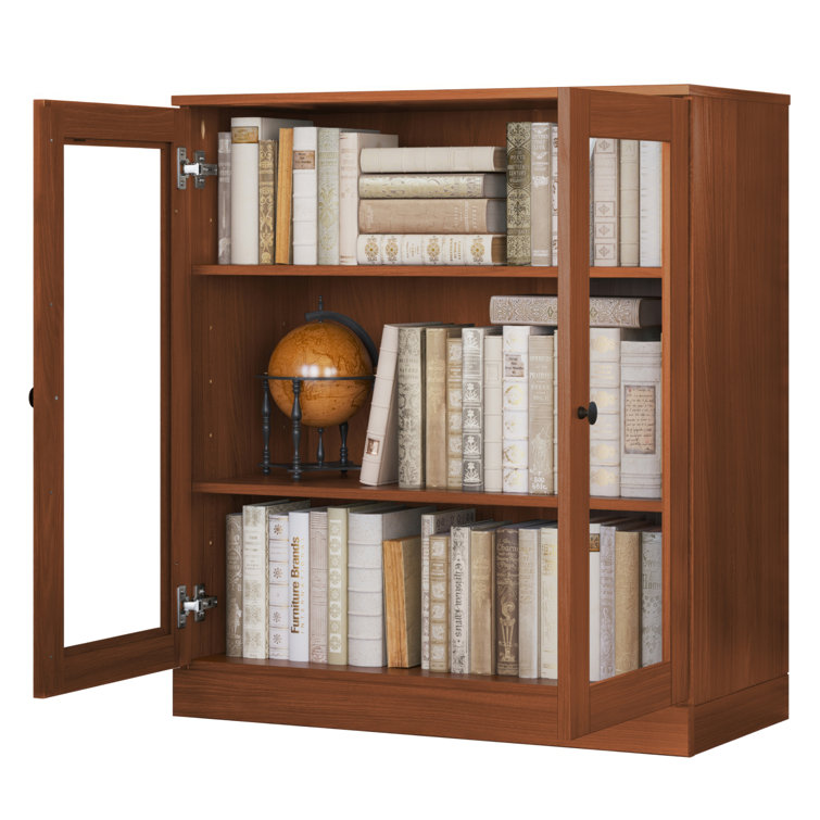 Mocha Solid Pine Wood 3-Shelf Bookcase with Glass Doors