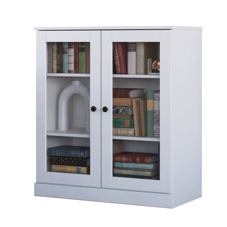 White Solid Pine Wood 3-Shelf Bookcase with Glass Doors