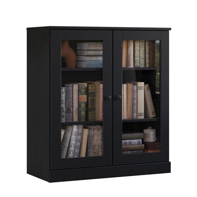 Black Solid Pine Wood 3-Shelf Bookcase with Glass Doors