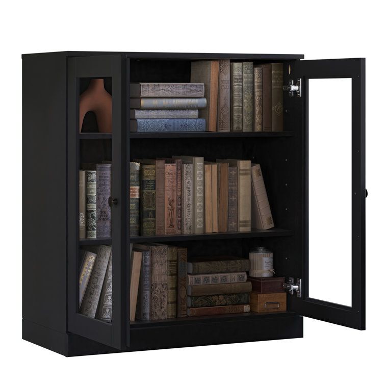 Black Solid Pine Wood 3-Shelf Bookcase with Glass Doors