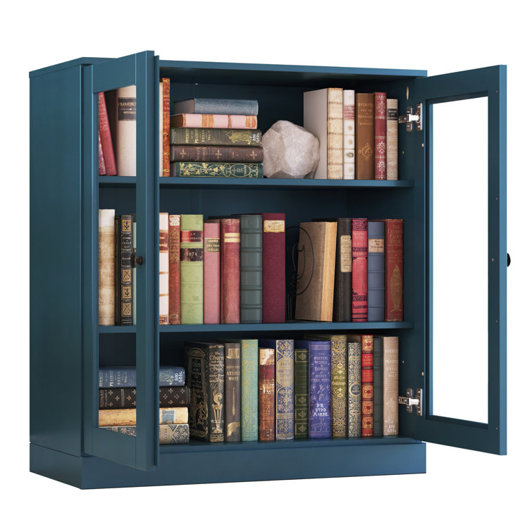 Teal Blue Solid Pine Wood Adjustable 3-Shelf Bookcase with Glass Doors