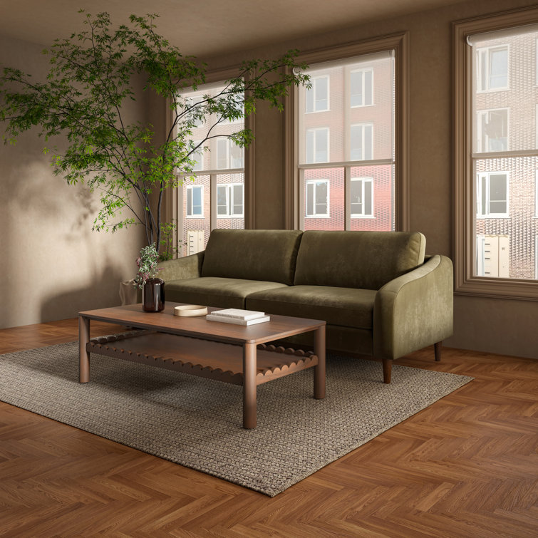 Green Polyester Pillow Back Sofa with Brown Wood Legs