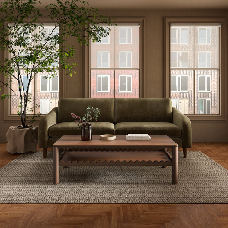 Green Polyester Pillow Back Sofa with Brown Wood Legs