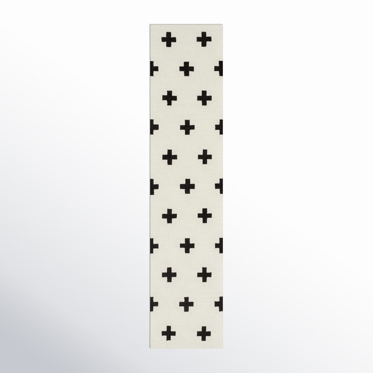 Black and Off-White Geometric Wool Runner Rug