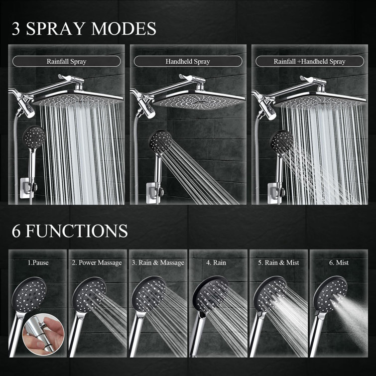 Chrome Adjustable Dual Rain Shower Head with Handheld