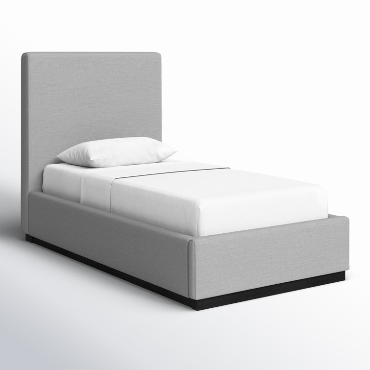 Gray Twin Upholstered Wood Frame Bed with Tall Headboard