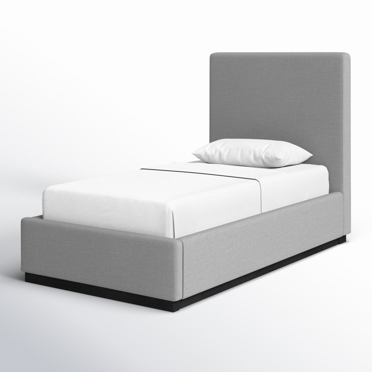 Gray Twin Upholstered Wood Frame Bed with Tall Headboard