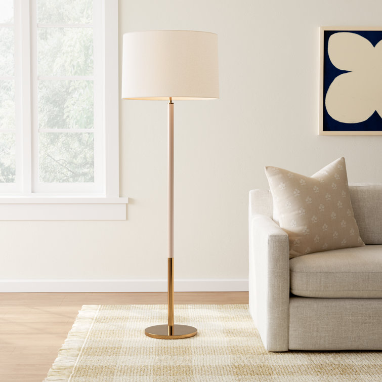 Burnished Brass and White Linen Dimmable Floor Lamp