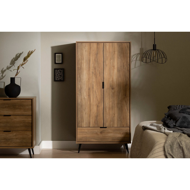 Natural Mango Contemporary Wardrobe Armoire with Mirror and Drawer
