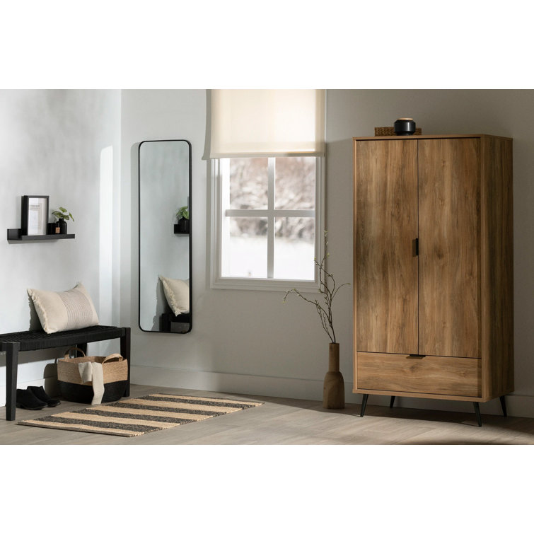 Natural Mango Contemporary Wardrobe Armoire with Mirror and Drawer