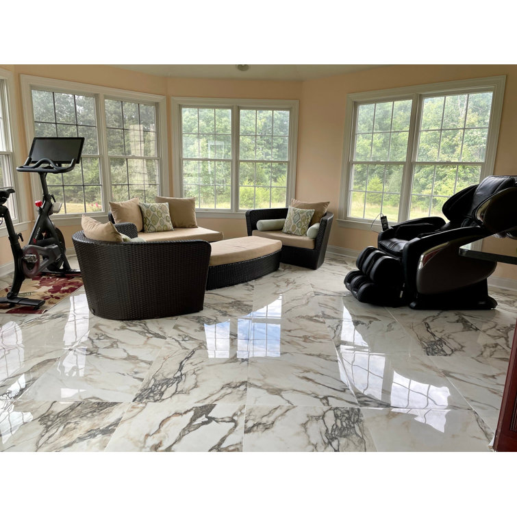 Saroshi 24" x 24" Polished White Marble Look Porcelain Tile