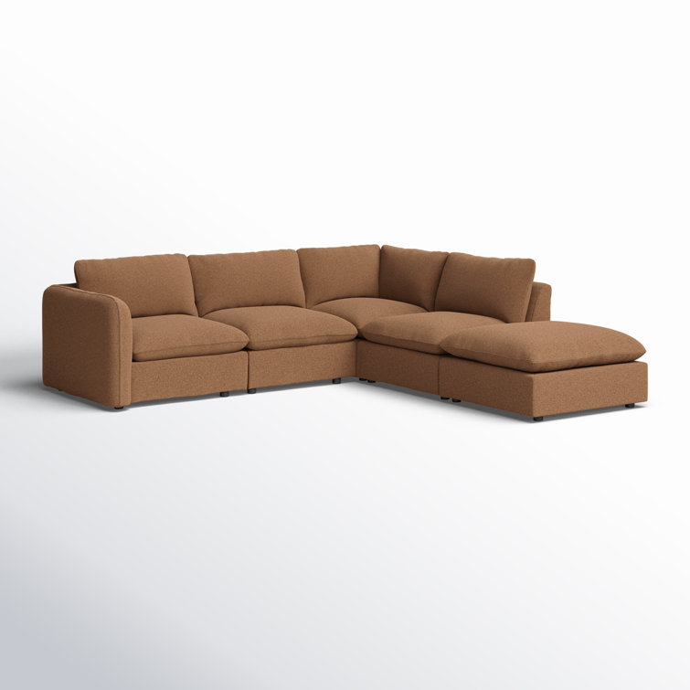 Brown Linen 4-Piece Sectional Sofa with Ottoman