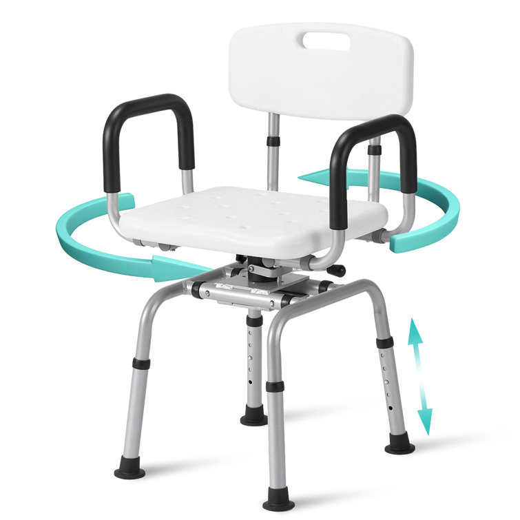 White Adjustable Height Swivel Shower Chair with Armrests and Back