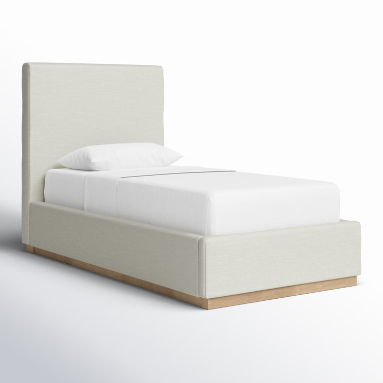 Cream Linen Twin Upholstered Panel Bed with Wood Frame