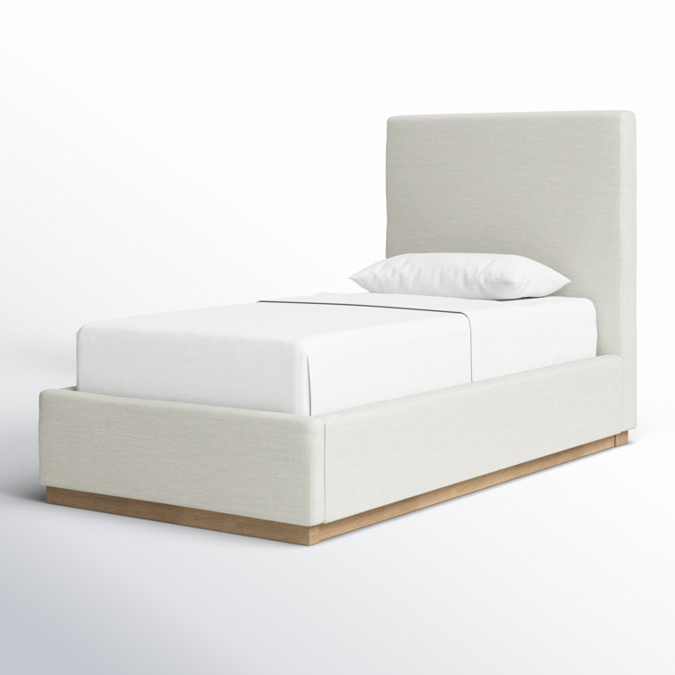Cream Linen Twin Upholstered Panel Bed with Wood Frame
