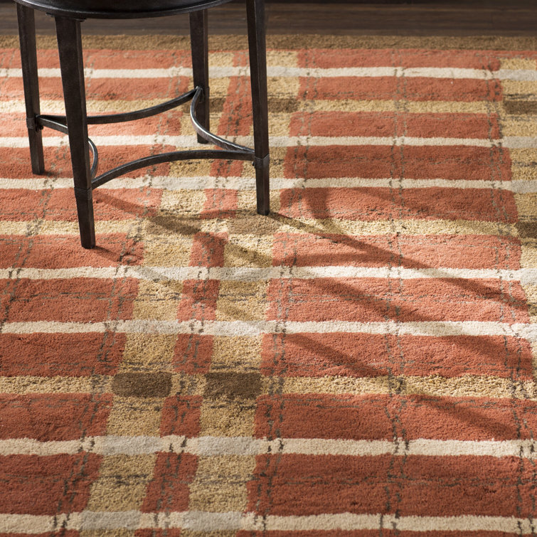 Handmade Red and Beige Wool Viscose Plaid Rug