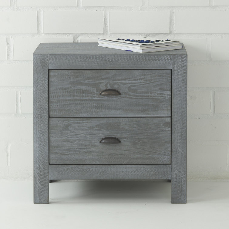 Rustic Grey Pine Wood 2-Drawer Nightstand with Black Metal Handles