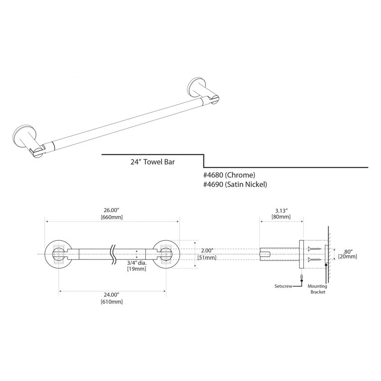 Channel 24-Inch Chrome Wall Mounted Towel Bar
