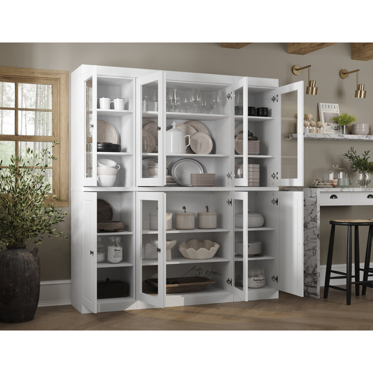 White Solid Wood Pantry Cabinet with Glass Doors and Adjustable Shelves
