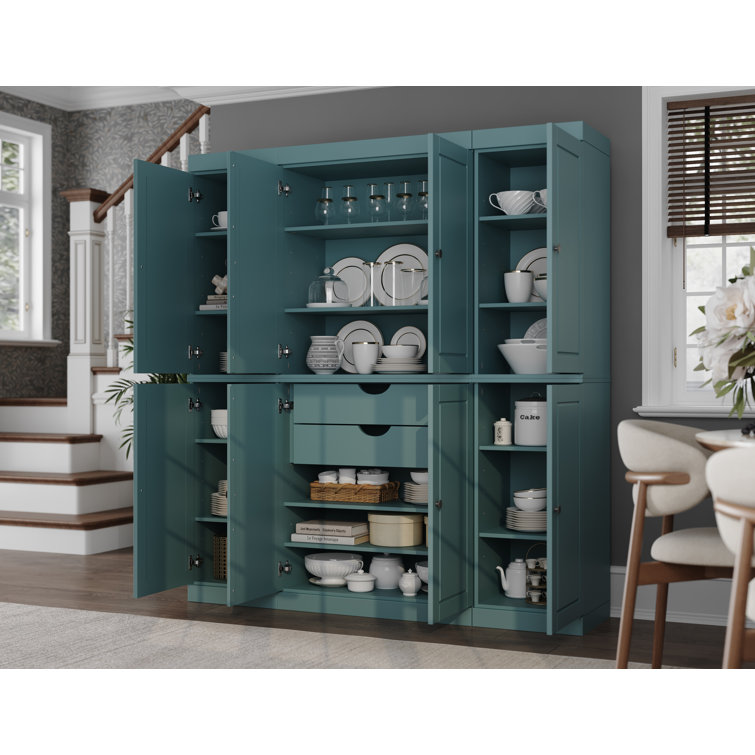 Aqua Raised Panel Solid Wood Pantry Cabinet with Adjustable Shelves