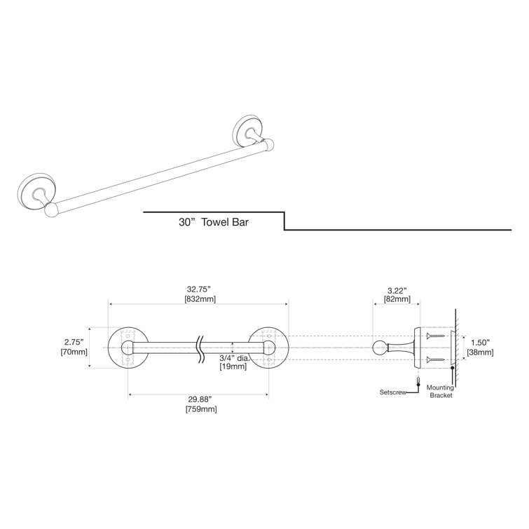 Designer II 30-Inch Polished Chrome Wall Mounted Towel Bar